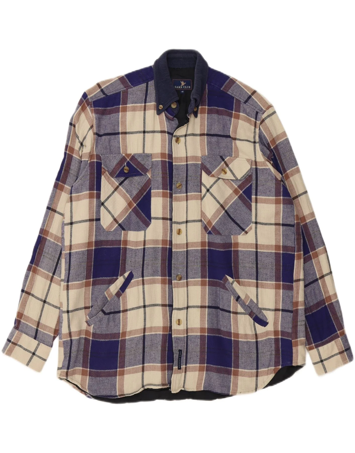 Camisa de franela para hombre SAKS CLUB, talla 40, cuadros azules medianos