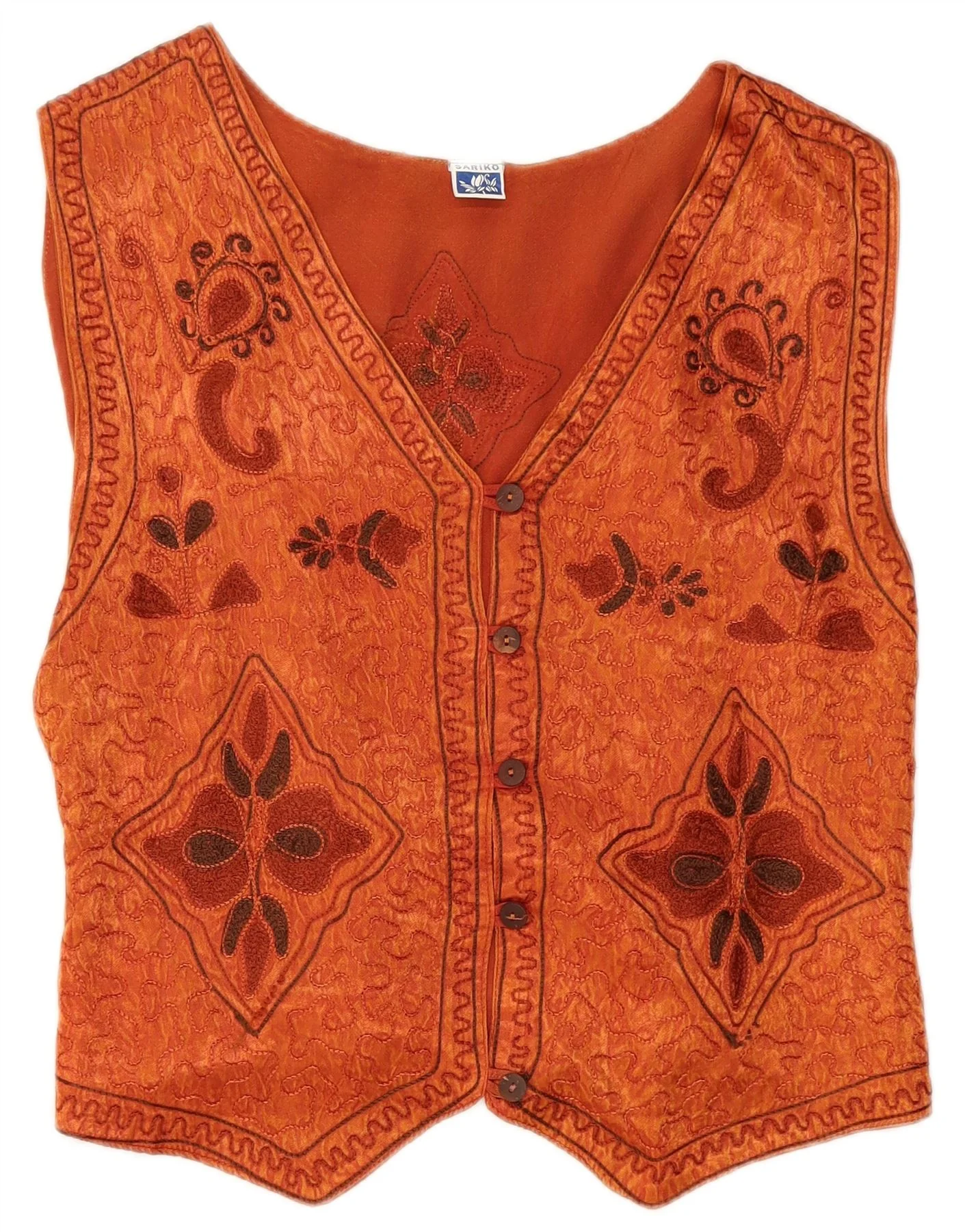 VINTAGE Womens Waistcoat UK 12 Medium Orange Paisley Rayon - Imagen 3